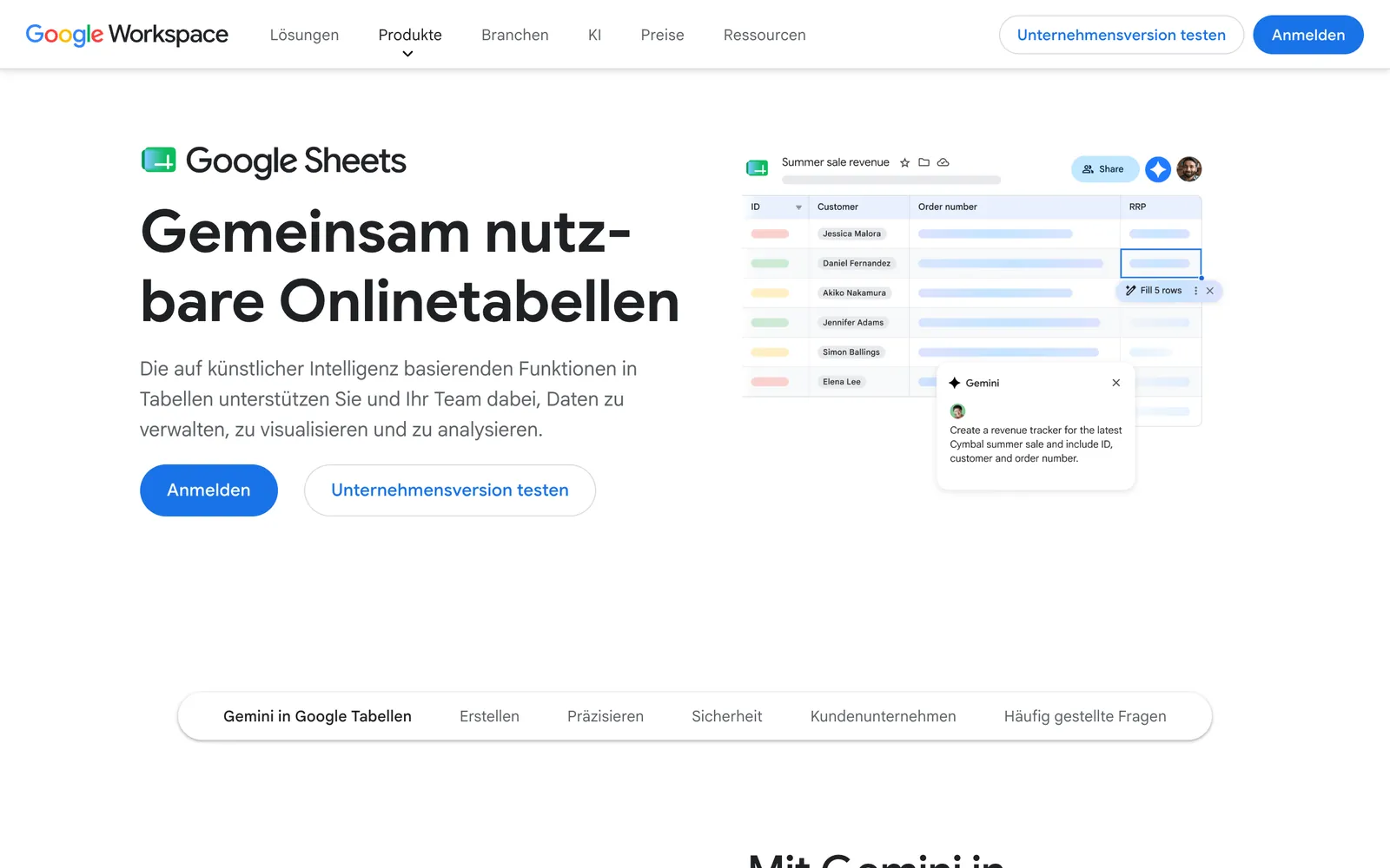 Startseite von Microsoft Excel / Google Sheets